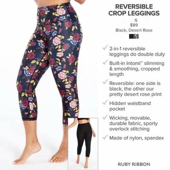 Ruby Ribbon | Reversible Floral Crop Yoga Leggings Black Activewear - Picture 6 of 10